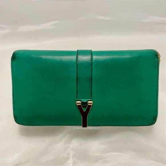 Saint Laurent Y Calfskin Leather Wallet Emerald Green Gold Hardware - Picture 1 of 13